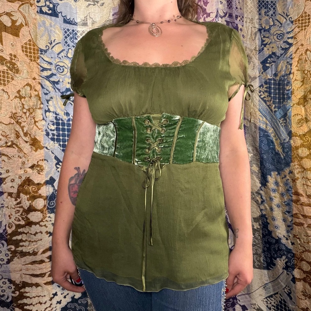 Silk Green Velvet Lace Up Corset Renfair Goth Fairy Babydoll Blouse Size XL - Picture 4 of 14